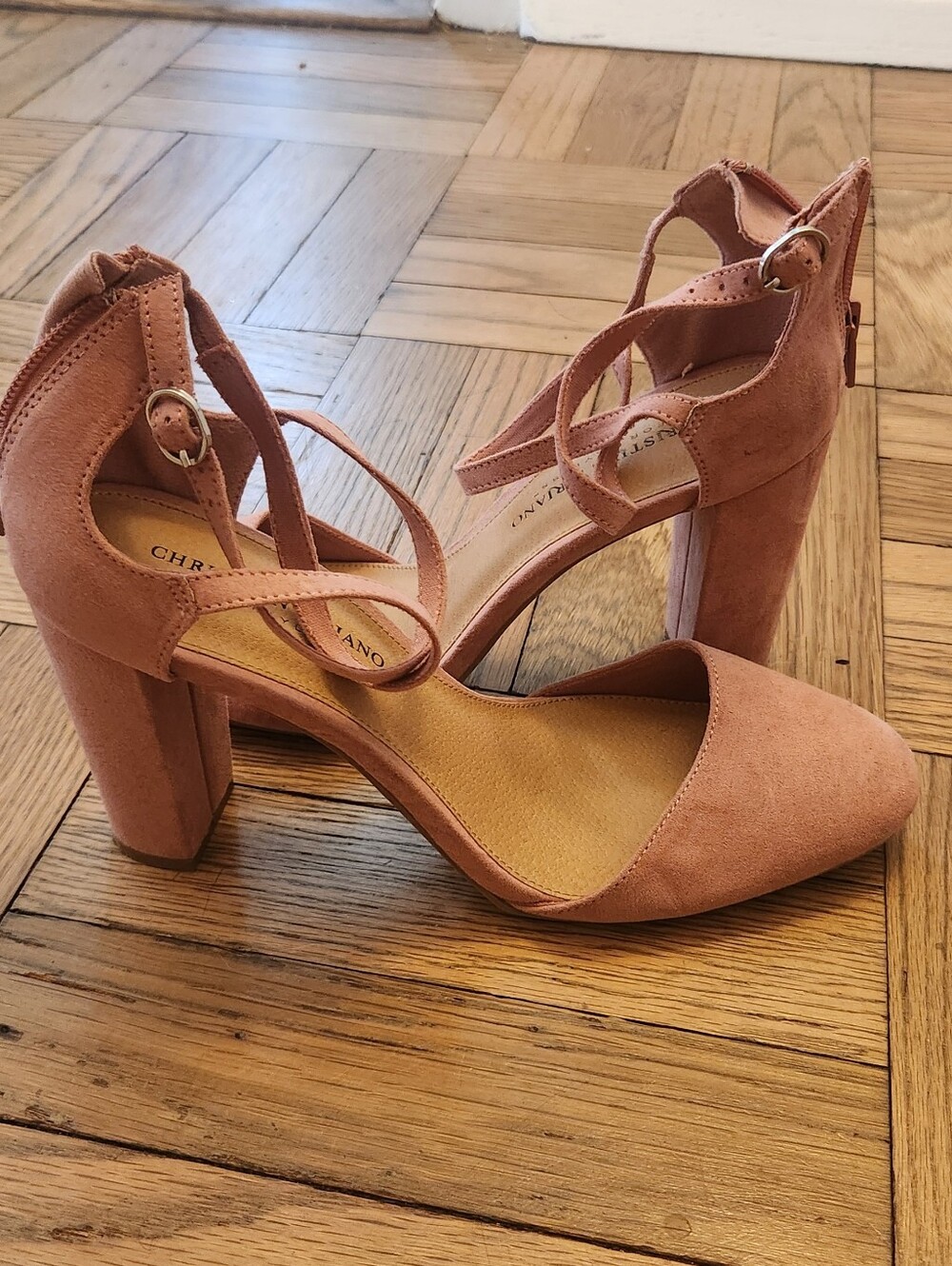 Christian Siriano Rose Pink Suede Block Heel Ankle-Strap Pumps